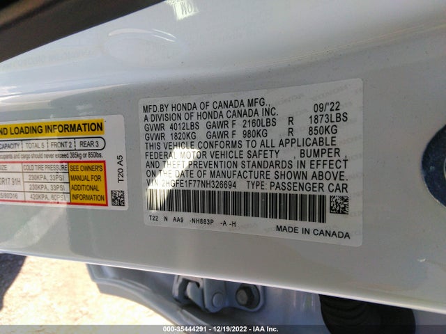 Honda Civic Sedan Ex 2022 2HGFE1F77NH326694 Image 10