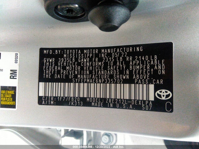 Продажа на аукционе авто 2022 Toyota Corolla Le, vin: 5YFEPMAE6NP335702, номер лота: 35444346