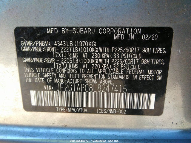 2020 SUBARU CROSSTREK PREMIUM VIN: JF2GTAPC8L8247415