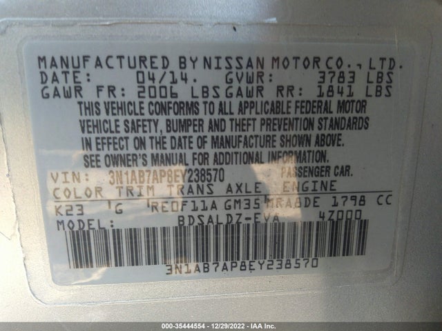 2014 NISSAN SENTRA S/FE+ S/SV/FE+ SV/SR/SL VIN: 3N1AB7AP8EY238570