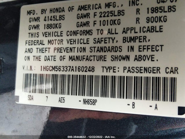 2007 HONDA ACCORD SDN LX SE VIN: 1HGCM56337A160248