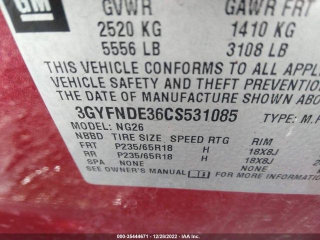 2012 CADILLAC SRX LUXURY COLLECTION VIN: 3GYFNDE36CS531085