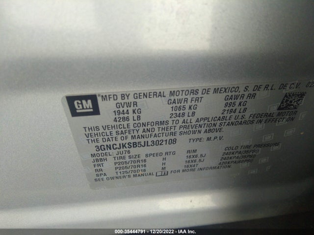 2018 Chevrolet Trax, VIN: 3GNCJKSB5JL302108