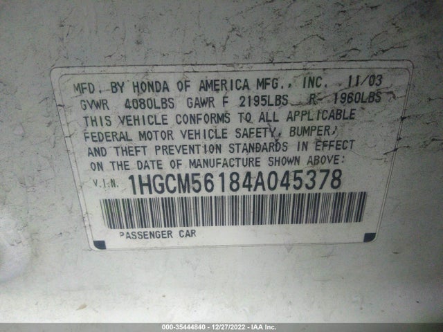 2004 HONDA ACCORD SDN DX VIN: 1HGCM56184A045378