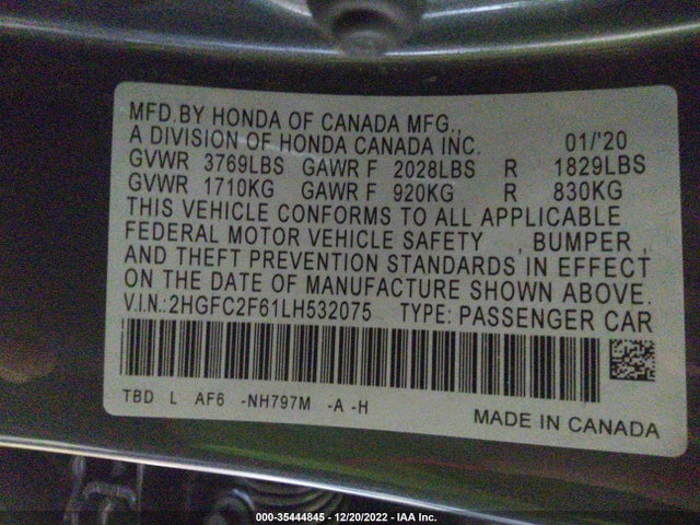 2020 HONDA CIVIC SEDAN LX VIN: 2HGFC2F61LH532075