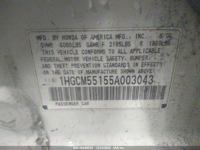 2005 HONDA ACCORD SDN DX VIN: 1HGCM55155A003043