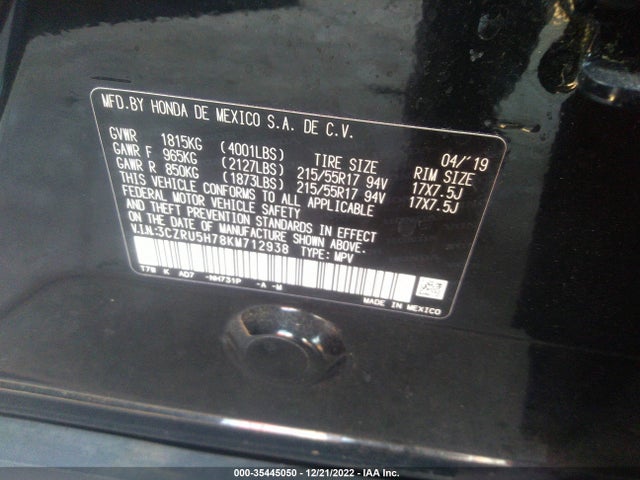 2019 Honda HR-V, VIN: 3CZRU5H78KM712938