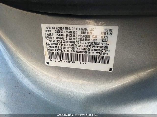 2009 HONDA ODYSSEY EX-L VIN: 5FNRL38789B014115