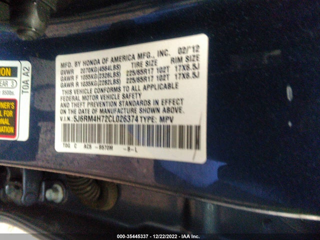 2012 HONDA CR-V EX-L VIN: 5J6RM4H72CL026374