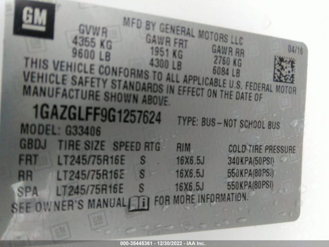 2016 CHEVROLET EXPRESS PASSENGER LS VIN: 1GAZGLFF9G1257624