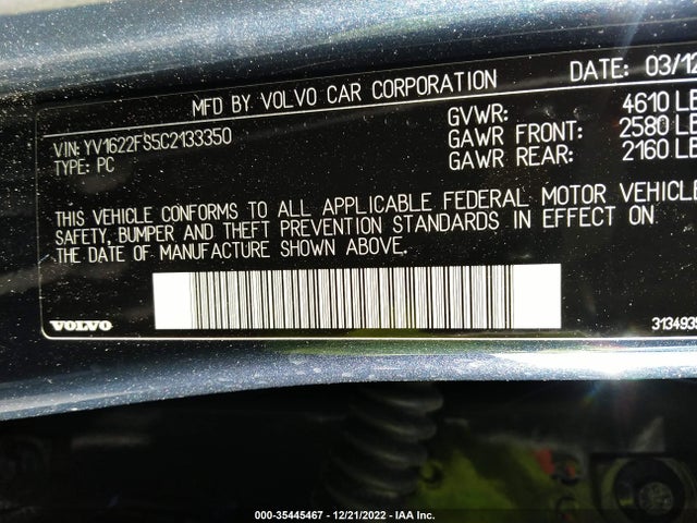 2012 VOLVO S60 T5 VIN: YV1622FS5C2133350