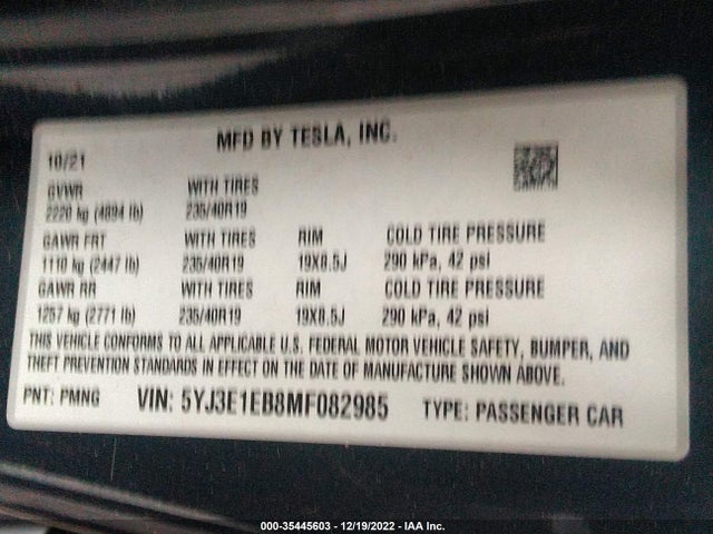 Tesla Model 3 Long Range 2021 5YJ3E1EB8MF082985 Image 10