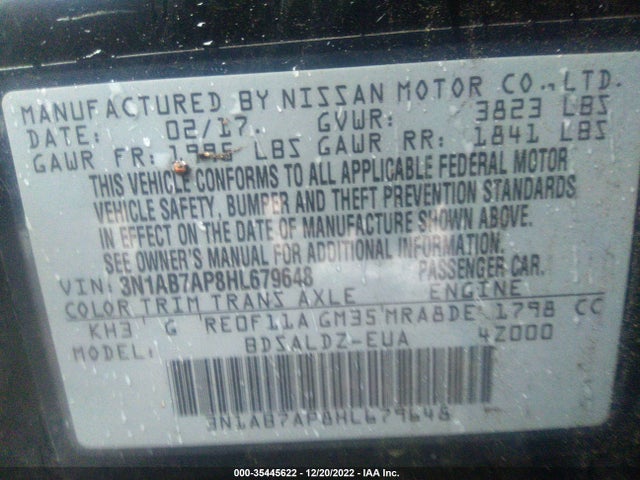 2017 NISSAN SENTRA SR/SL/S/SV VIN: 3N1AB7AP8HL679648