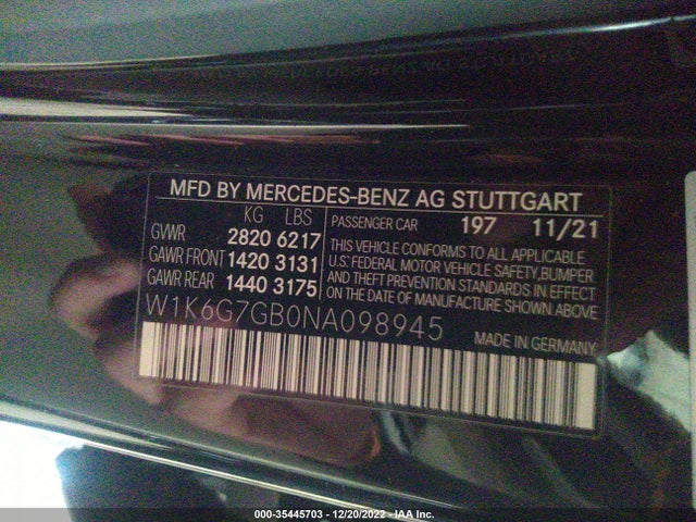 2022 Mercedes-Benz S-Class, VIN: W1K6G7GB0NA098945