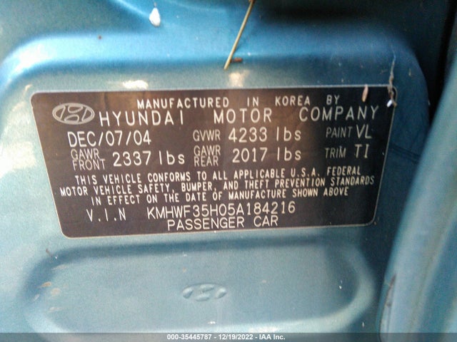 2005 HYUNDAI SONATA GLS/LX/GLS SPECIAL VALUE VIN: KMHWF35H05A184216
