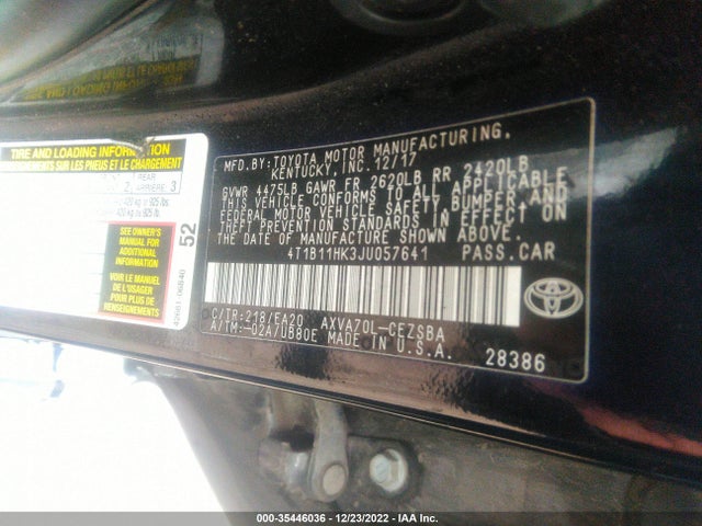 2018 TOYOTA CAMRY LE/SE/XLE/L VIN: 4T1B11HK3JU057641