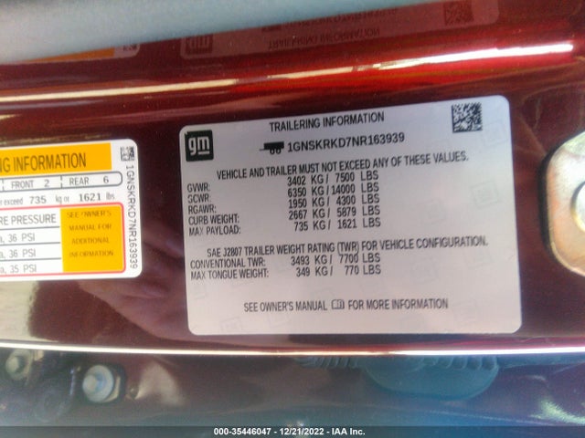 2022 Chevrolet Tahoe, VIN: 1GNSKRKD7NR163939