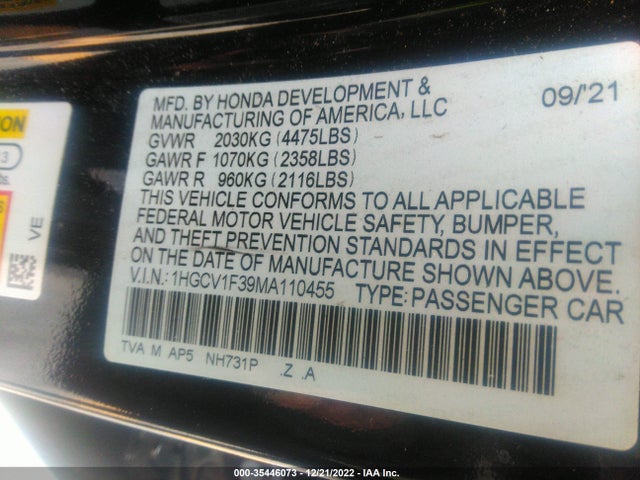 2021 HONDA ACCORD SEDAN SPORT VIN: 1HGCV1F39MA110455
