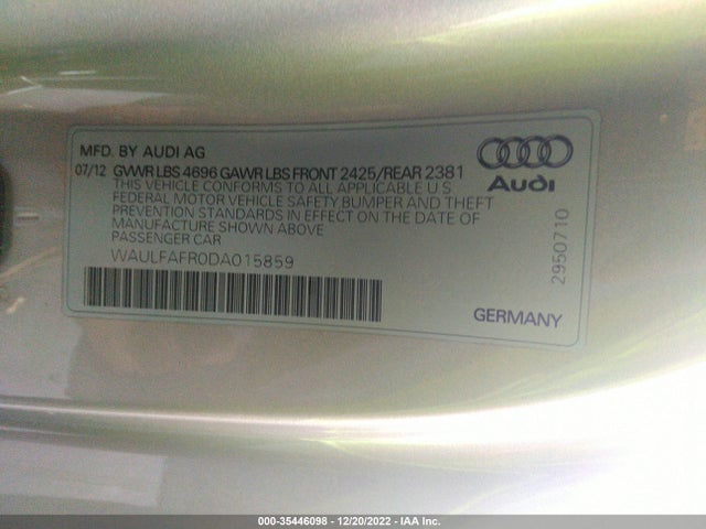 2013 AUDI A5 PREMIUM PLUS VIN: WAULFAFR0DA015859