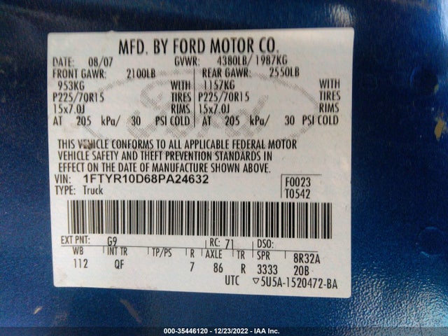 2008 FORD RANGER XL/XLT VIN: 1FTYR10D68PA24632