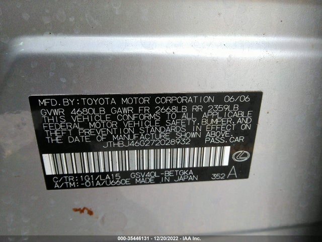 Lexus ES 350 2007 JTHBJ46G272028932 Image 10