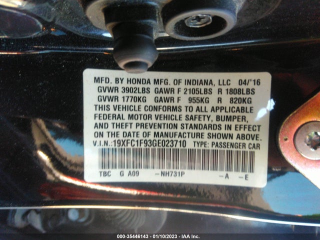 2016 HONDA CIVIC SEDAN TOURING VIN: 19XFC1F93GE023710