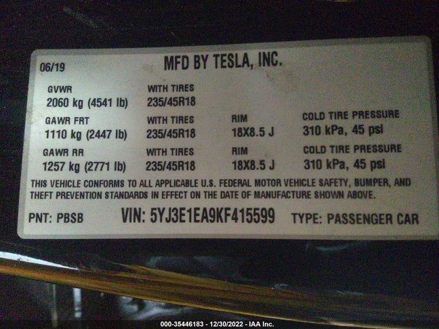 Tesla Model 3 Range 2019 5YJ3E1EA9KF415599 Image 9