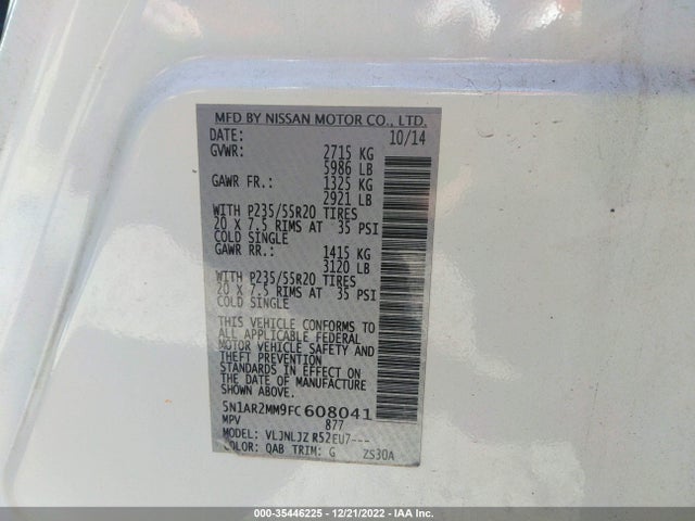 2015 NISSAN PATHFINDER PLATINUM VIN: 5N1AR2MM9FC608041