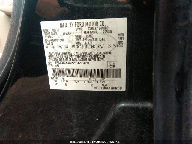 2011 FORD EDGE SEL VIN: 2FMDK3JC2BBA13450