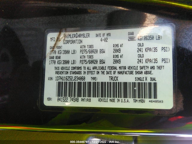 2002 DODGE RAM 1500 VIN: 1D7HU16Z52J234060