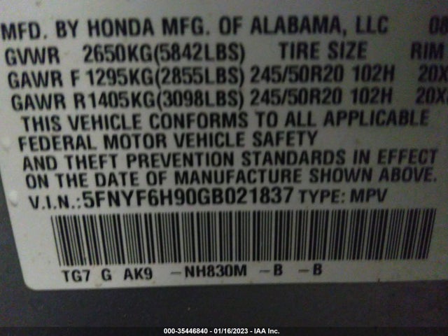 2016 Honda Pilot, VIN: 5FNYF6H90GB021837