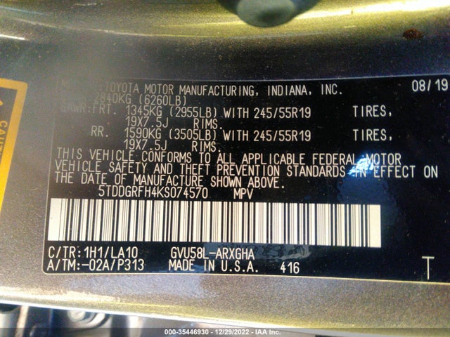 2019 Toyota Highlander, VIN: 5TDDGRFH4KS074570