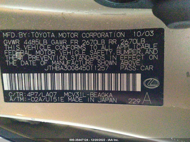 Lexus ES 330 2004 JTHBA30G845011257 Image 10