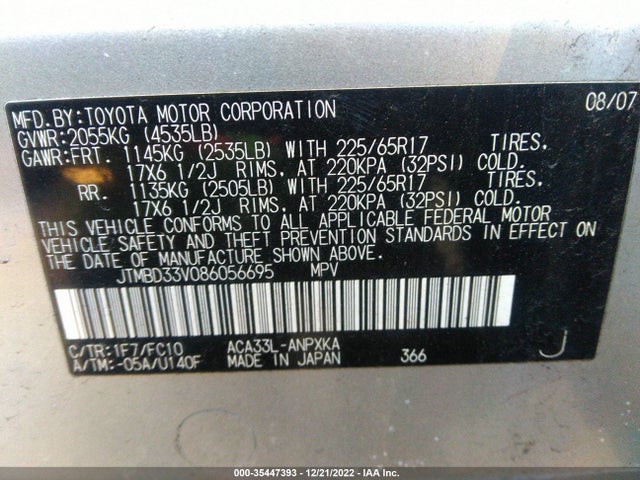 2008 TOYOTA RAV4 VIN: JTMBD33V086056695
