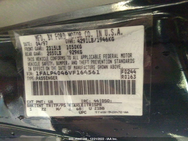1997 FORD MUSTANG VIN: 1FALP4046VF164561