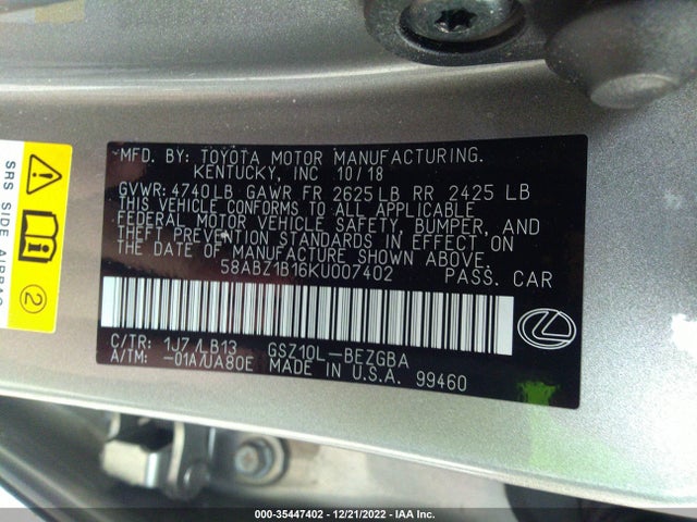 2019 Lexus ES, VIN: 58ABZ1B16KU007402