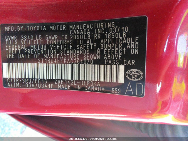 2010 TOYOTA COROLLA VIN: 2T1BU4EE8AC364070
