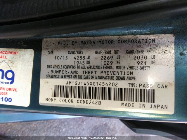 2016 Mazda 6, VIN: JM1GJ1W5XG1454202