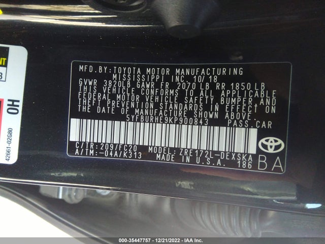 2019 TOYOTA COROLLA L/LE/SE/XLE/XSE VIN: 5YFBURHE9KP900843