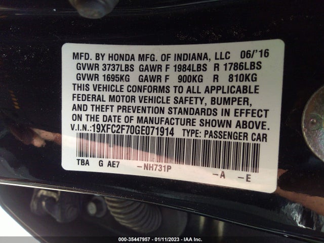2016 HONDA CIVIC SEDAN EX VIN: 19XFC2F70GE071914