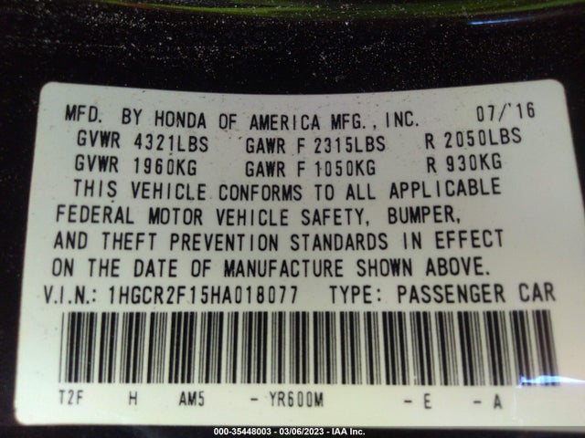 2017 Honda Accord, VIN: 1HGCR2F15HA018077