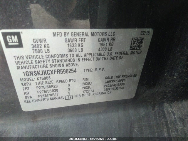 2015 Chevrolet Suburban, VIN: 1GNSKJKCXFR598254