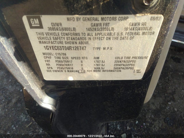 2004 CADILLAC ESCALADE VIN: 1GYEC63T04R126747