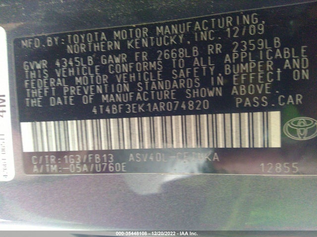 2010 TOYOTA CAMRY VIN: 4T4BF3EK1AR074820