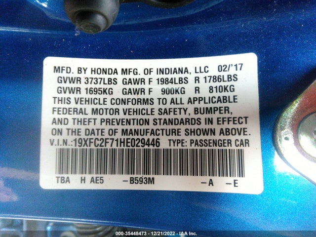 Honda Civic Sedan Ex 2017 19XFC2F71HE029446 Image 9