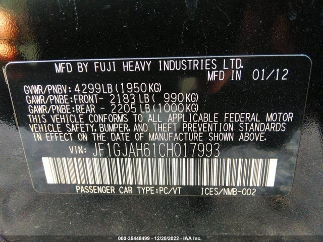 2012 SUBARU IMPREZA SEDAN 2.0I LIMITED VIN: JF1GJAH61CH017993