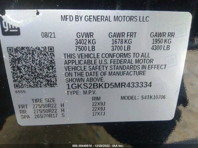 2021 GMC Yukon, VIN: 1GKS2BKD5MR433334