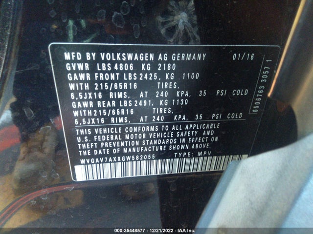 WVGAV7AXXGW582055 Volkswagen TIGUAN S