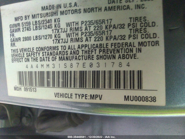 4A4MM31S87E031784 Mitsubishi Endeavor Se