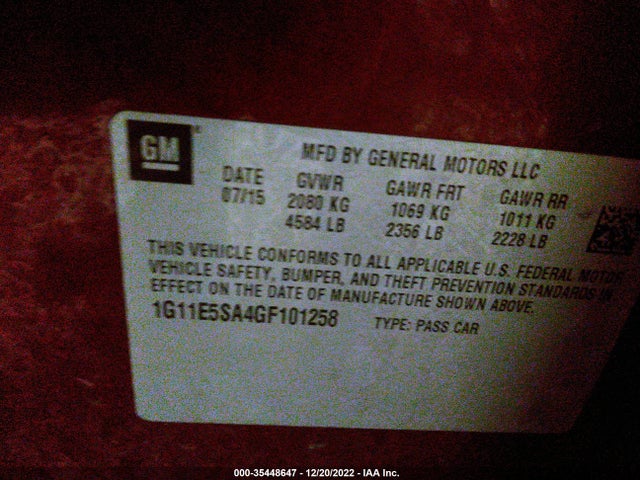 2016 Chevrolet Malibu, VIN: 1G11E5SA4GF101258